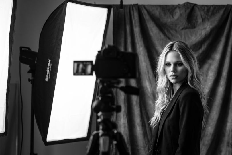 Filmstudio mit Softbox und junger, blonder Frau - KI-generiertes Bild